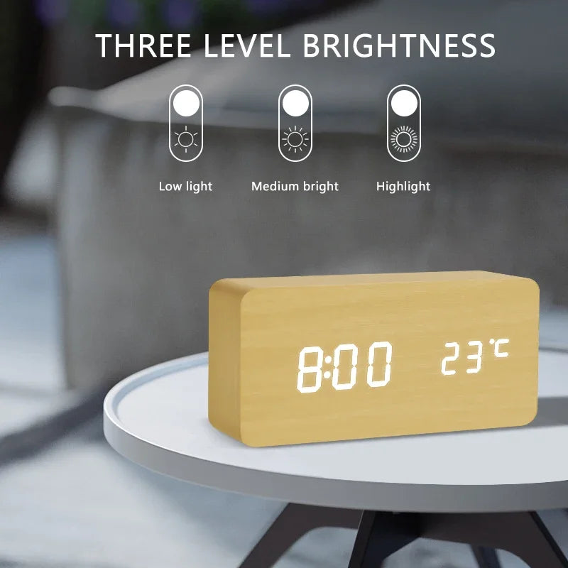 Beige LED Digital Alarm Clock - Voice Controlled Wooden Desktop Clock, USB/AAA Powered - Stylish Wood Watch Table Design - LightsAndKits
