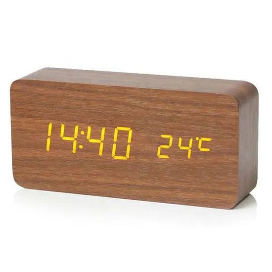 Brown LED Digital Alarm Clock - Voice Controlled Wooden Desktop Clock, USB/AAA Powered - Stylish Wood Watch Table Design - LightsAndKits