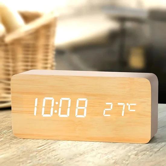Beige LED Digital Alarm Clock - Voice Controlled Wooden Desktop Clock, USB/AAA Powered - Stylish Wood Watch Table Design - LightsAndKits