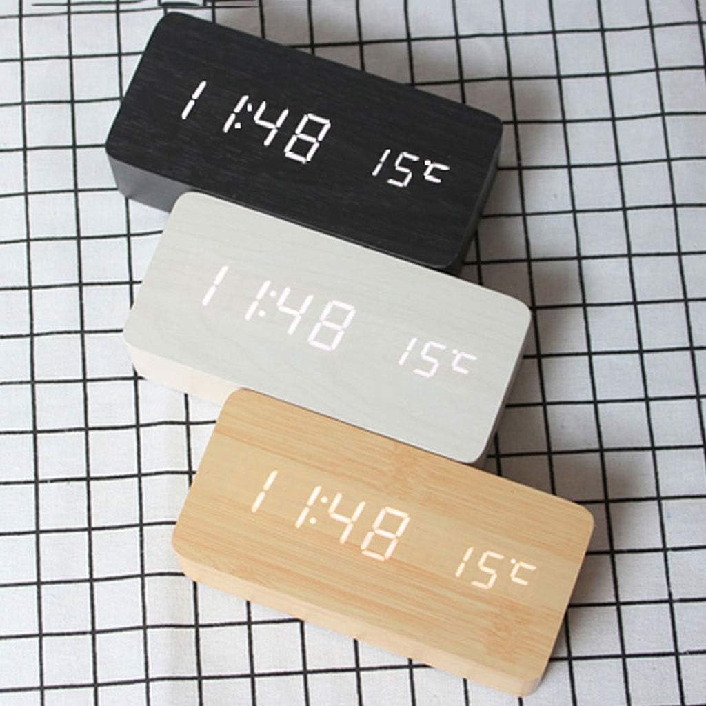 Three digital clocks in black, white, and wood Table Clock Voice Control Cuboid Alarm Clock Retro Wood LED Digital Desktop Clock Alarm Thermometer Timer Desk Clock