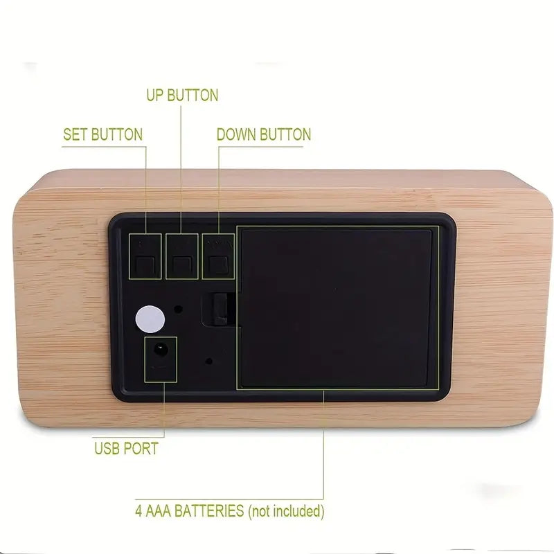 Beige LED Digital Alarm Clock - Voice Controlled Wooden Desktop Clock, USB/AAA Powered - Stylish Wood Watch Table Design - LightsAndKits