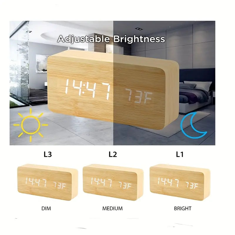 Beige LED Digital Alarm Clock - Voice Controlled Wooden Desktop Clock, USB/AAA Powered - Stylish Wood Watch Table Design - LightsAndKits
