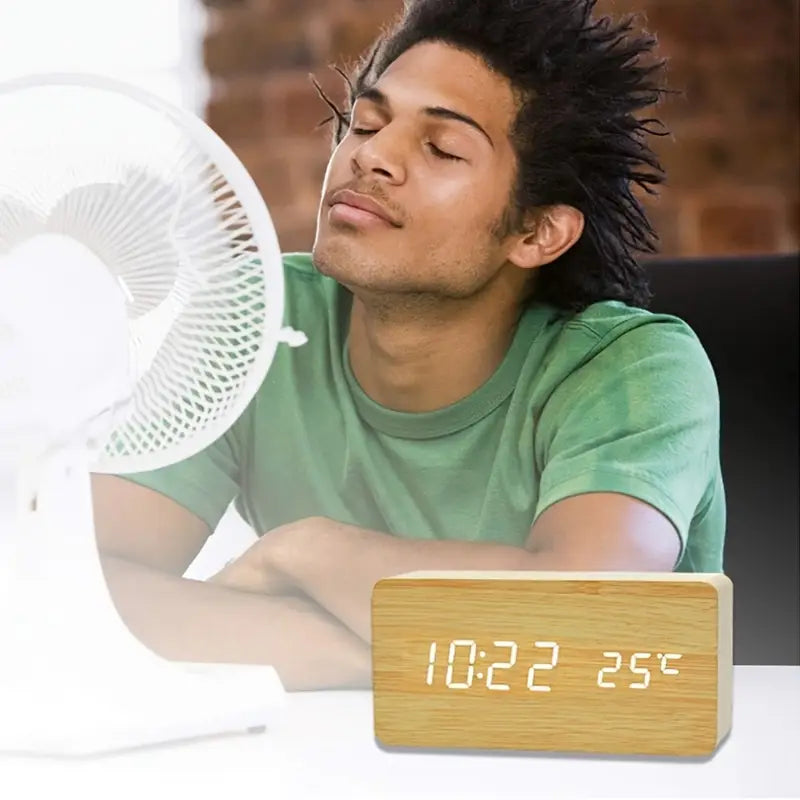 Beige LED Digital Alarm Clock - Voice Controlled Wooden Desktop Clock, USB/AAA Powered - Stylish Wood Watch Table Design - LightsAndKits