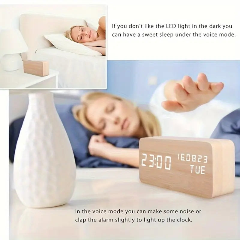 Beige LED Digital Alarm Clock - Voice Controlled Wooden Desktop Clock, USB/AAA Powered - Stylish Wood Watch Table Design - LightsAndKits