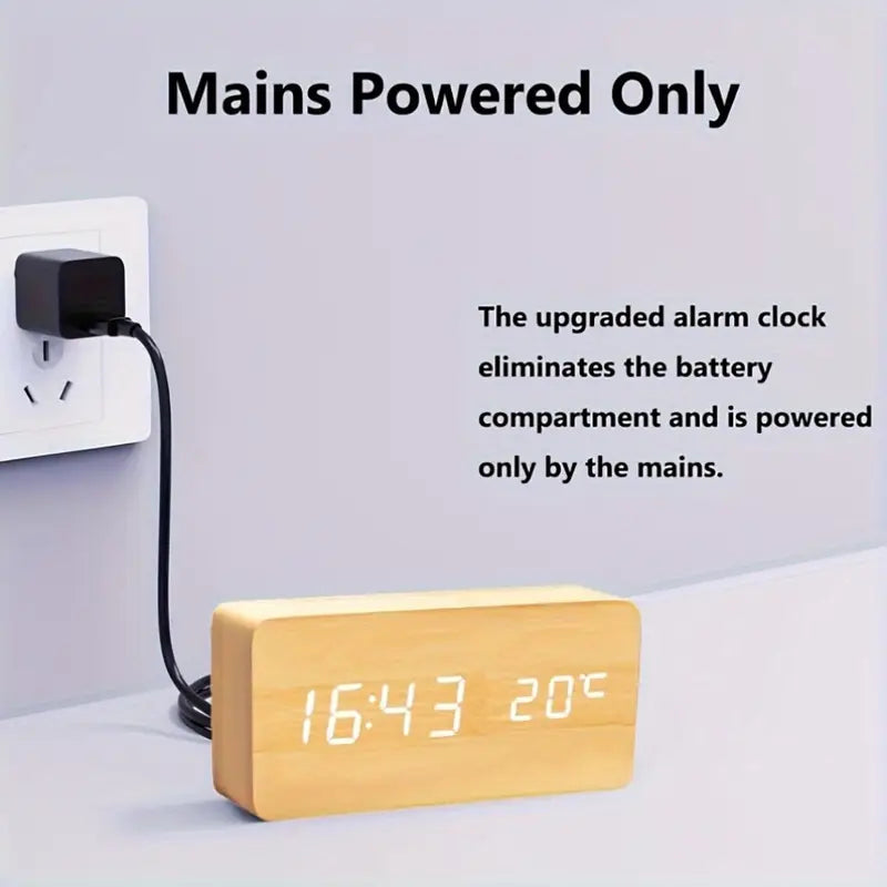 Beige LED Digital Alarm Clock - Voice Controlled Wooden Desktop Clock, USB/AAA Powered - Stylish Wood Watch Table Design - LightsAndKits