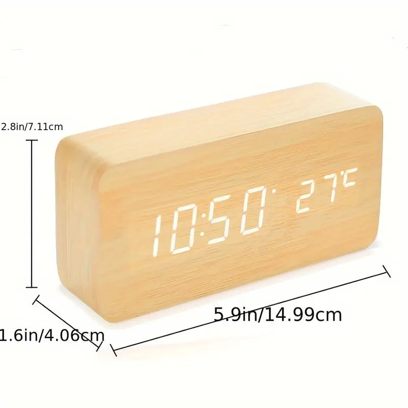 Beige LED Digital Alarm Clock - Voice Controlled Wooden Desktop Clock, USB/AAA Powered - Stylish Wood Watch Table Design - LightsAndKits