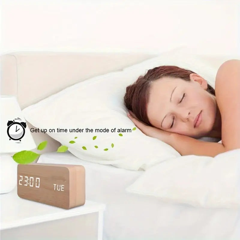Beige LED Digital Alarm Clock - Voice Controlled Wooden Desktop Clock, USB/AAA Powered - Stylish Wood Watch Table Design - LightsAndKits
