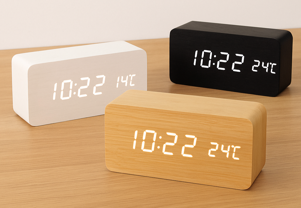 Three wooden digital clocks displaying time and temperature on a wooden surface