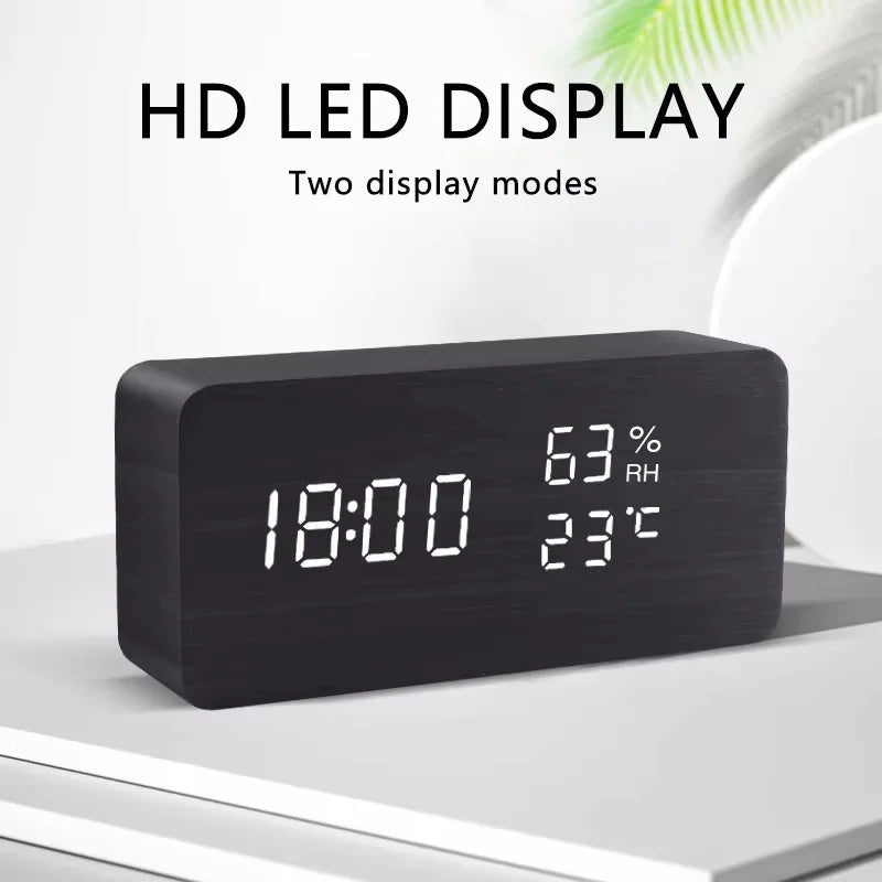 Black LED Digital Alarm Clock - Voice Controlled Wooden Desktop Clock, USB/AAA Powered - Stylish Wood Watch Table Design - LightsAndKits