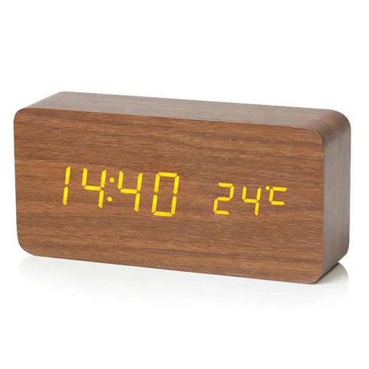 Brown LED Digital Alarm Clock - Voice Controlled Wooden Desktop Clock, USB/AAA Powered - Stylish Wood Watch Table Design - LightsAndKits