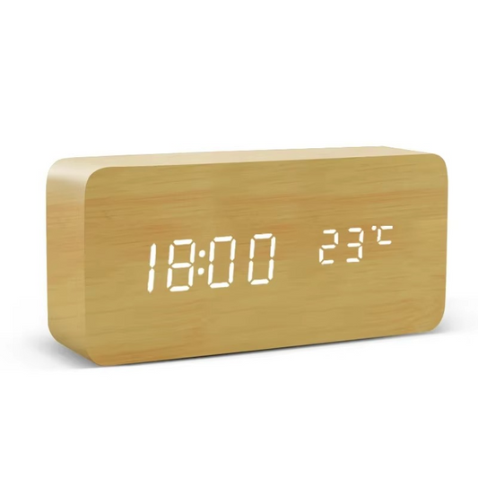 Beige LED Digital Alarm Clock - Voice Controlled Wooden Desktop Clock, USB/AAA Powered - Stylish Wood Watch Table Design - LightsAndKits