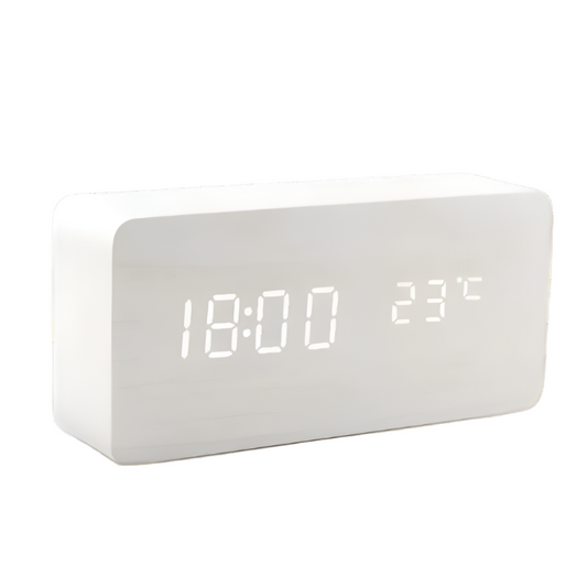 White LED Digital Alarm Clock - Voice Controlled Wooden Desktop Clock, USB/AAA Powered - Stylish Wood Watch Table Design - LightsAndKits