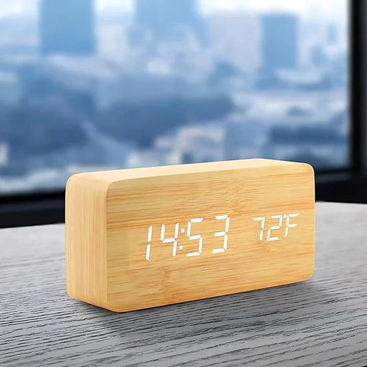 Beige LED Digital Alarm Clock - Voice Controlled Wooden Desktop Clock, USB/AAA Powered - Stylish Wood Watch Table Design - LightsAndKits