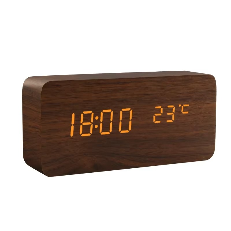 Brown LED Digital Alarm Clock - Voice Controlled Wooden Desktop Clock, USB/AAA Powered - Stylish Wood Watch Table Design - LightsAndKits