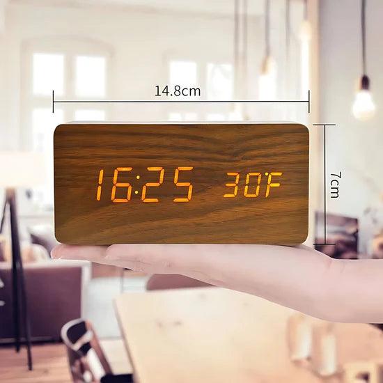 Brown LED Digital Alarm Clock - Voice Controlled Wooden Desktop Clock, USB/AAA Powered - Stylish Wood Watch Table Design - LightsAndKits