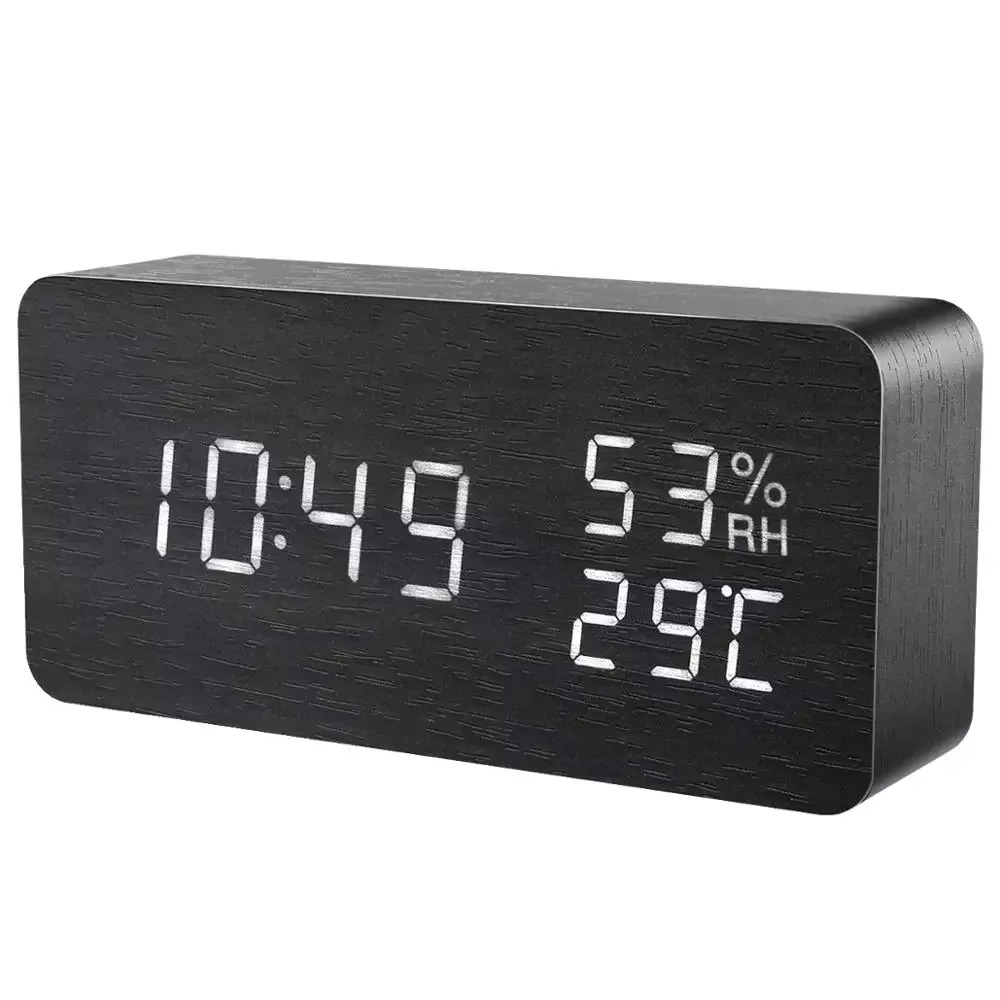 Black LED Digital Alarm Clock - Voice Controlled Wooden Desktop Clock, USB/AAA Powered - Stylish Wood Watch Table Design - LightsAndKits
