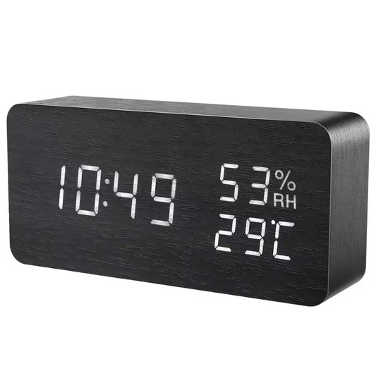 Black LED Digital Alarm Clock - Voice Controlled Wooden Desktop Clock, USB/AAA Powered - Stylish Wood Watch Table Design - LightsAndKits