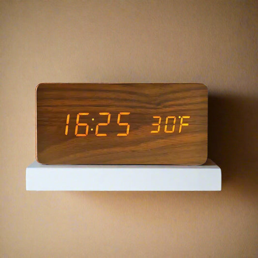 Brown LED Digital Alarm Clock - Voice Controlled Wooden Desktop Clock, USB/AAA Powered - Stylish Wood Watch Table Design - LightsAndKits