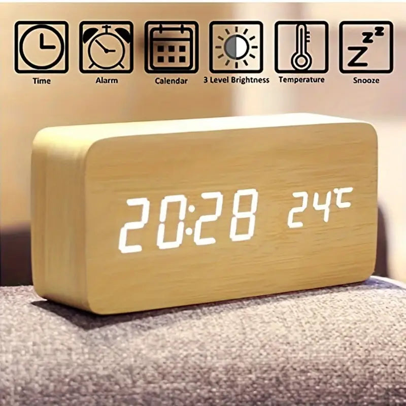 Beige LED Digital Alarm Clock - Voice Controlled Wooden Desktop Clock, USB/AAA Powered - Stylish Wood Watch Table Design - LightsAndKits