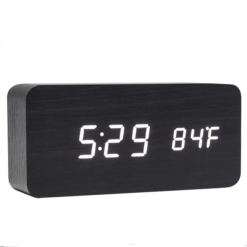 Black LED Digital Alarm Clock - Voice Controlled Wooden Desktop Clock, USB/AAA Powered - Stylish Wood Watch Table Design - LightsAndKits