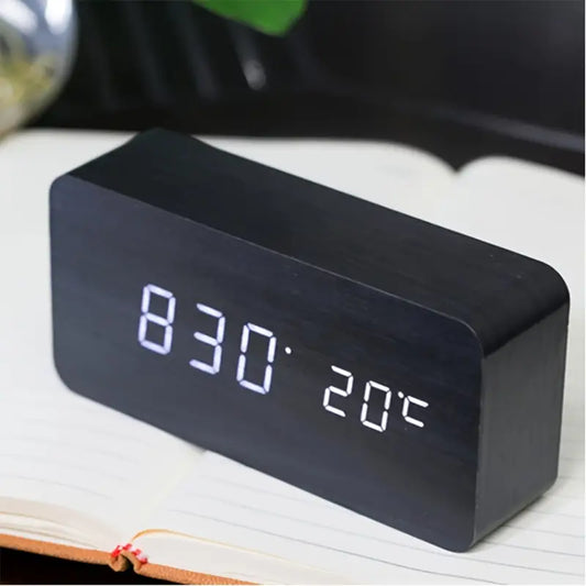 Black LED Digital Alarm Clock - Voice Controlled Wooden Desktop Clock, USB/AAA Powered - Stylish Wood Watch Table Design - LightsAndKits