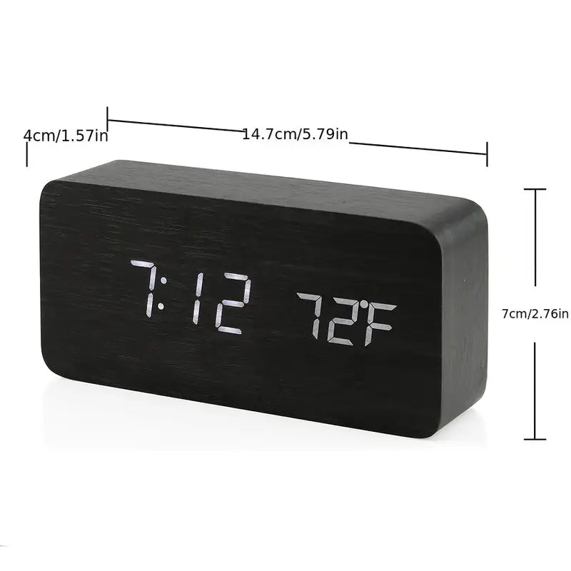 Black LED Digital Alarm Clock - Voice Controlled Wooden Desktop Clock, USB/AAA Powered - Stylish Wood Watch Table Design - LightsAndKits