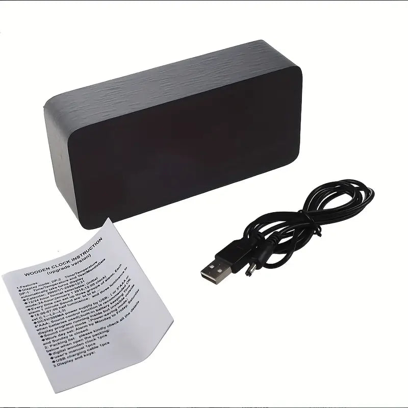 Black LED Digital Alarm Clock - Voice Controlled Wooden Desktop Clock, USB/AAA Powered - Stylish Wood Watch Table Design - LightsAndKits