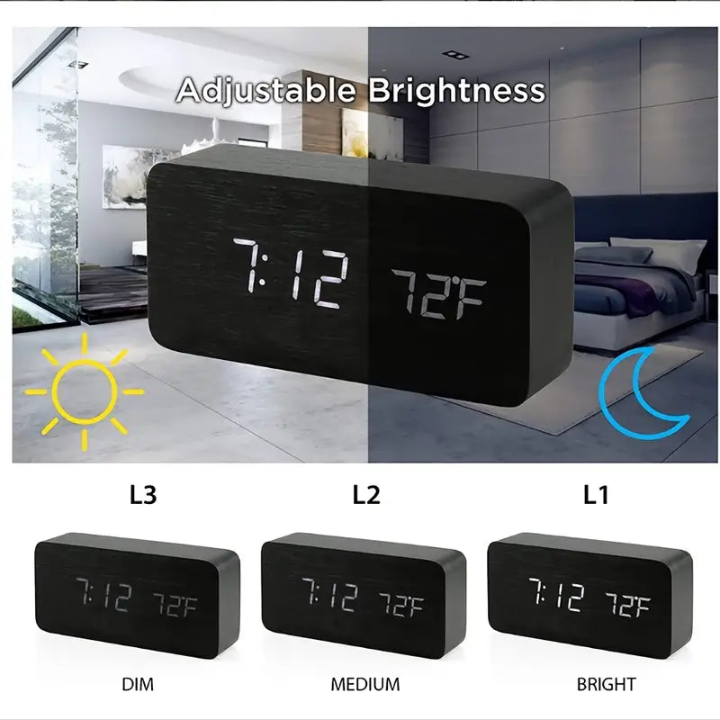 Black LED Digital Alarm Clock - Voice Controlled Wooden Desktop Clock, USB/AAA Powered - Stylish Wood Watch Table Design - LightsAndKits