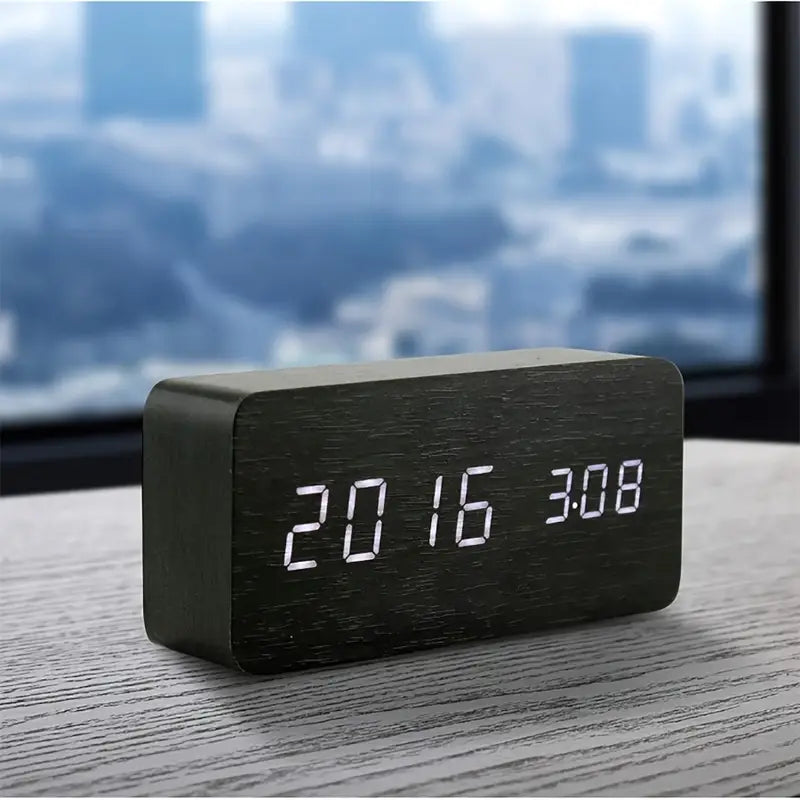 Black LED Digital Alarm Clock - Voice Controlled Wooden Desktop Clock, USB/AAA Powered - Stylish Wood Watch Table Design - LightsAndKits