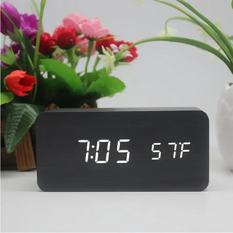 Black LED Digital Alarm Clock - Voice Controlled Wooden Desktop Clock, USB/AAA Powered - Stylish Wood Watch Table Design - LightsAndKits