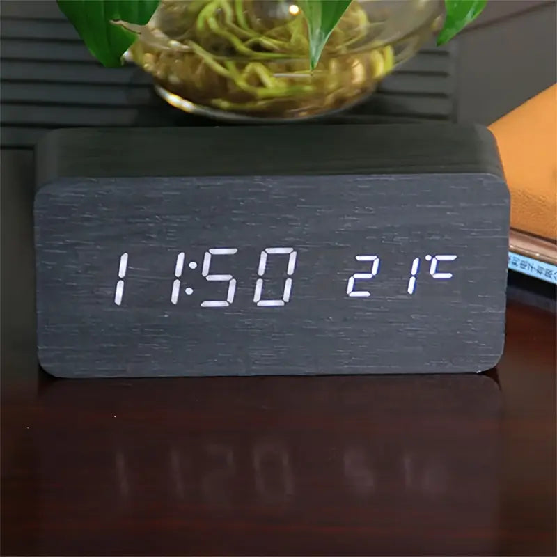 Black LED Digital Alarm Clock - Voice Controlled Wooden Desktop Clock, USB/AAA Powered - Stylish Wood Watch Table Design - LightsAndKits