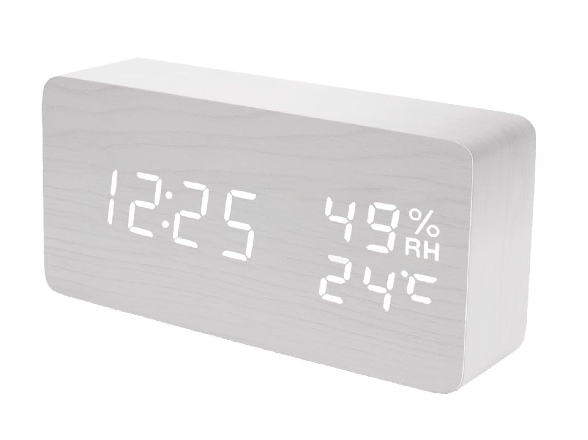 White LED Digital Alarm Clock - Voice Controlled Wooden Desktop Clock, USB/AAA Powered - Stylish Wood Watch Table Design - LightsAndKits