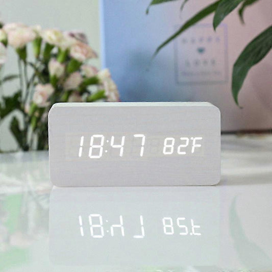 White LED Digital Alarm Clock - Voice Controlled Wooden Desktop Clock, USB/AAA Powered - Stylish Wood Watch Table Design - LightsAndKits