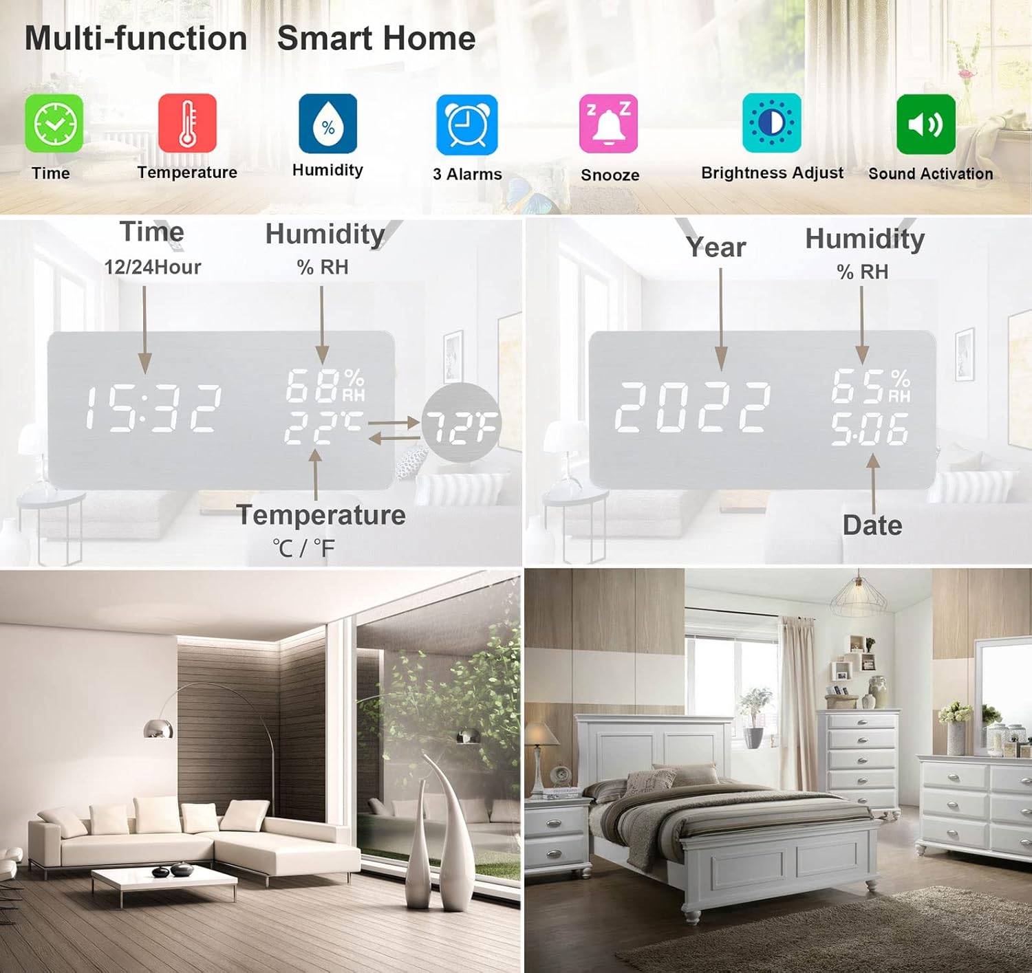 White LED Digital Alarm Clock - Voice Controlled Wooden Desktop Clock, USB/AAA Powered - Stylish Wood Watch Table Design - LightsAndKits