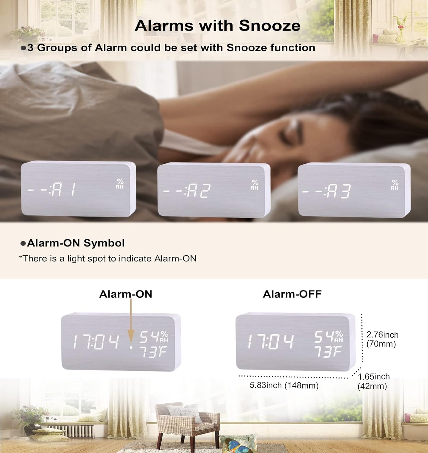 White LED Digital Alarm Clock - Voice Controlled Wooden Desktop Clock, USB/AAA Powered - Stylish Wood Watch Table Design - LightsAndKits