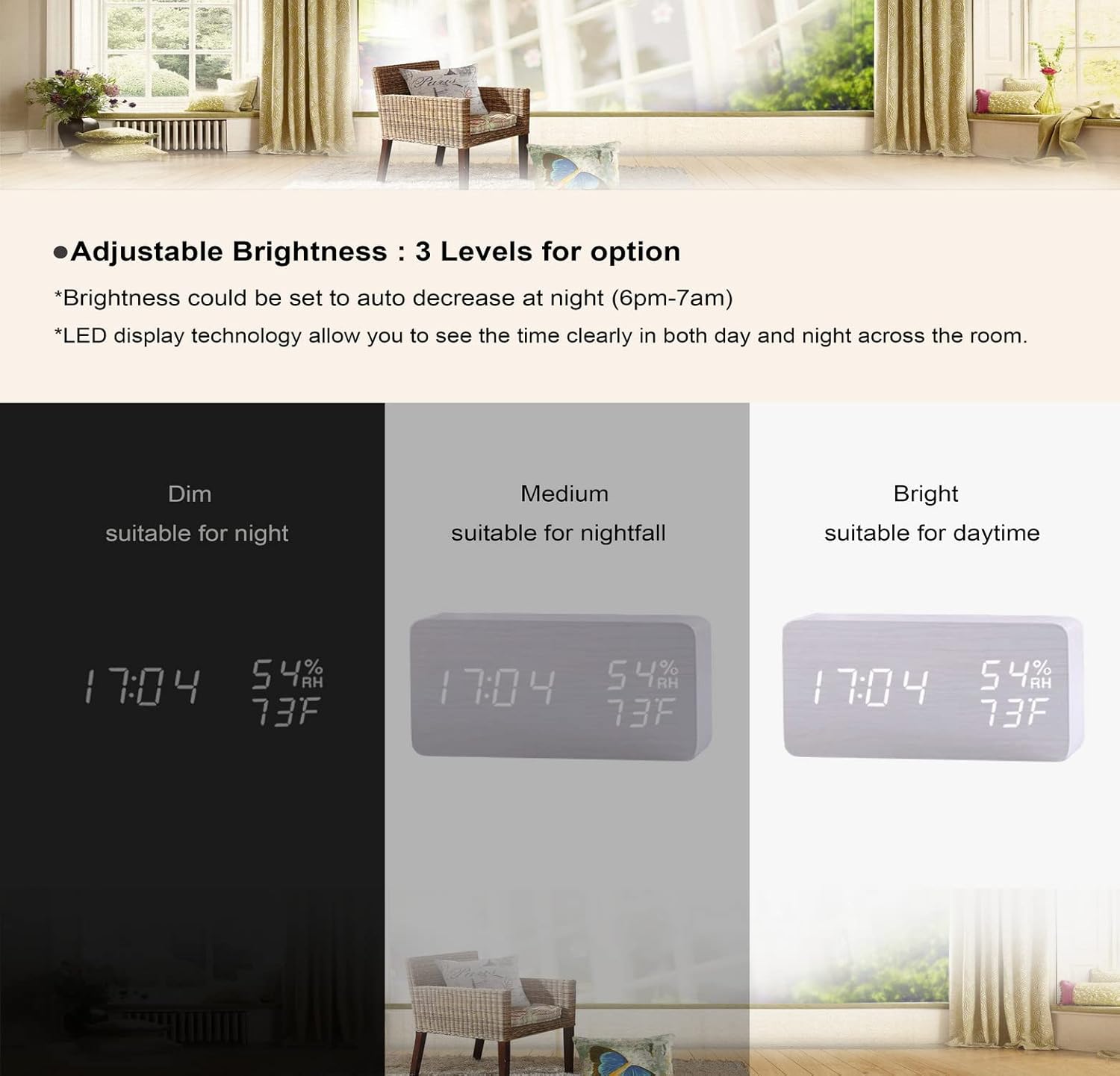 White LED Digital Alarm Clock - Voice Controlled Wooden Desktop Clock, USB/AAA Powered - Stylish Wood Watch Table Design - LightsAndKits