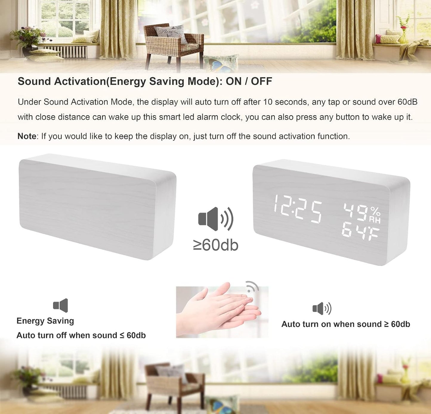 White LED Digital Alarm Clock - Voice Controlled Wooden Desktop Clock, USB/AAA Powered - Stylish Wood Watch Table Design - LightsAndKits