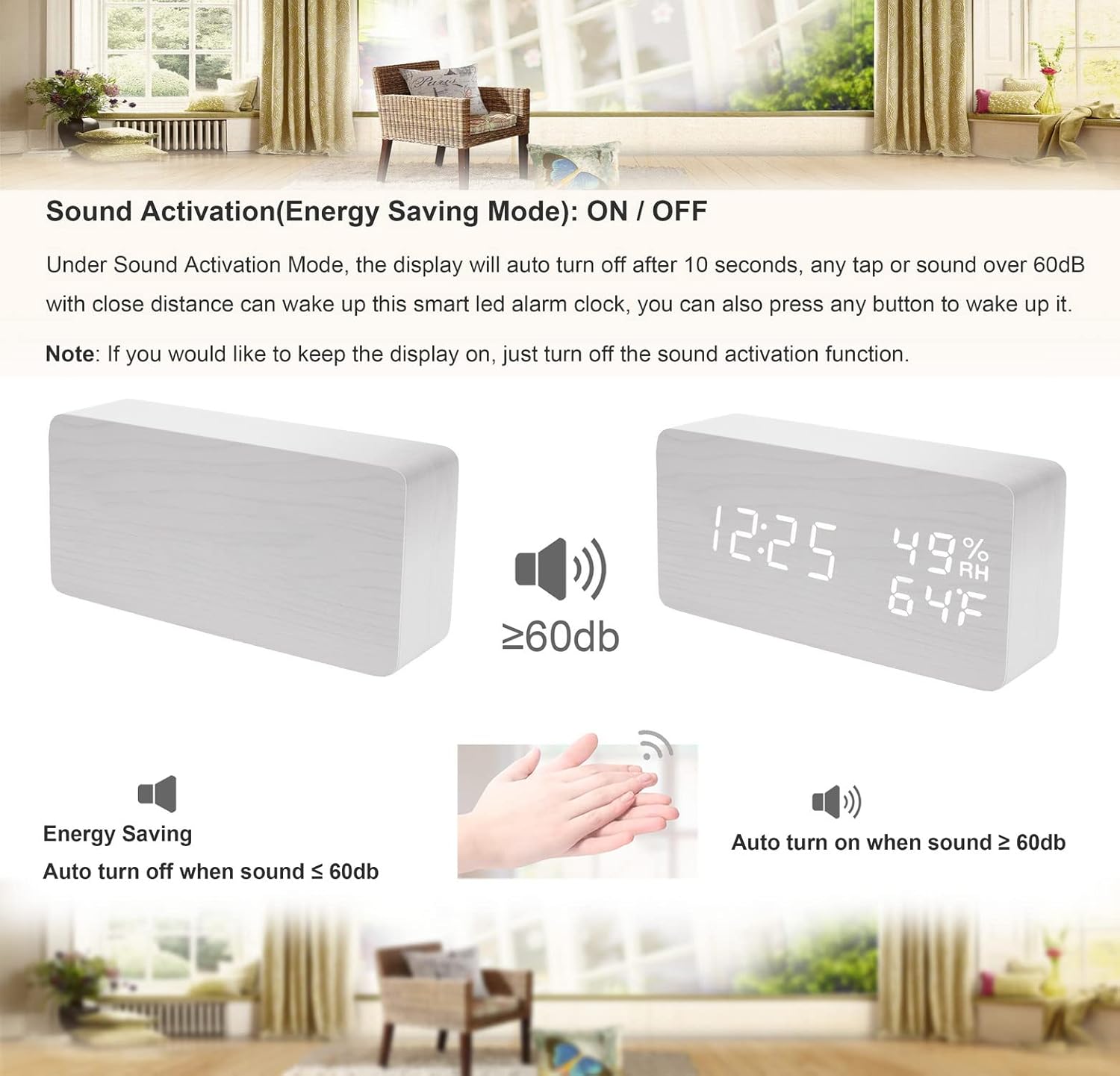 White LED Digital Alarm Clock - Voice Controlled Wooden Desktop Clock, USB/AAA Powered - Stylish Wood Watch Table Design - LightsAndKits