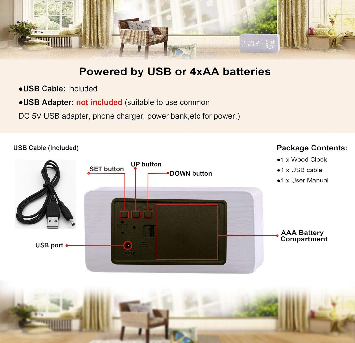 White LED Digital Alarm Clock - Voice Controlled Wooden Desktop Clock, USB/AAA Powered - Stylish Wood Watch Table Design - LightsAndKits