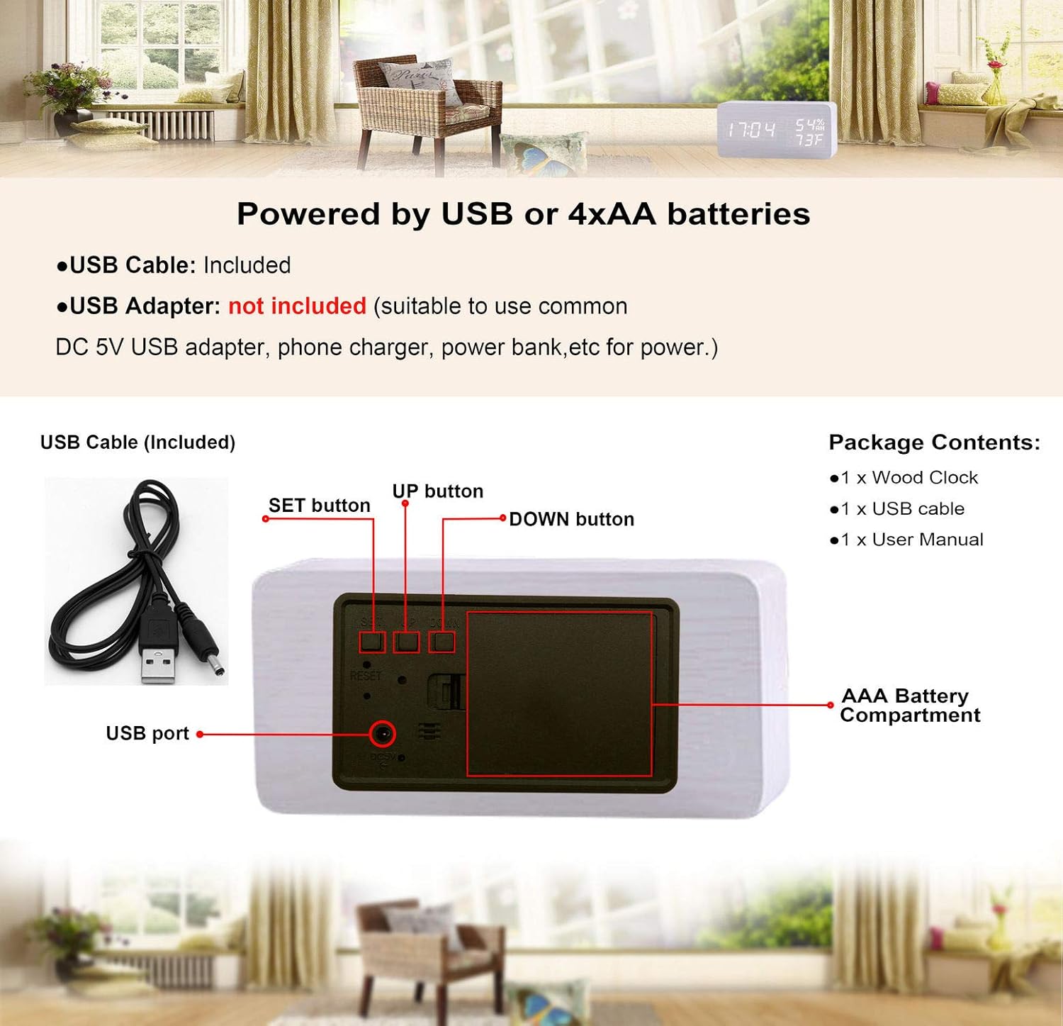 White LED Digital Alarm Clock - Voice Controlled Wooden Desktop Clock, USB/AAA Powered - Stylish Wood Watch Table Design - LightsAndKits